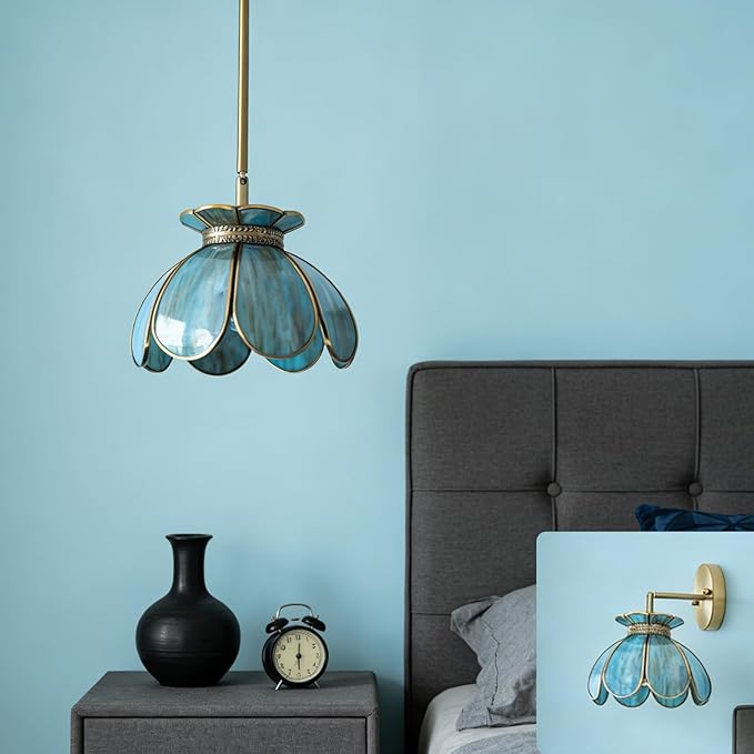 Vintage Brass Ceiling Pendant Light with Stained Lotus Flower Stained Glass Shade,Oriental Hanging Lamp or Wall Sconces Dual-Purpose, for Kitchen Island Dining Room Bedroom Living Room-7.9" Shade