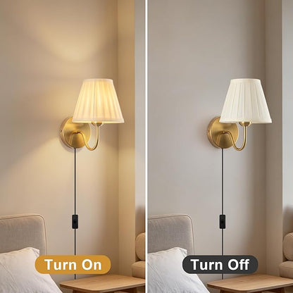 Plug in Wall Sconces Set of Two, Fabric Shade Wall Light with On/Off Switch, Plug in Wall Mount Lamps Wall Decor Set of 2, Gold Sconces Wall Lighting Fixture for Bedroom Bedside Living Room Porch