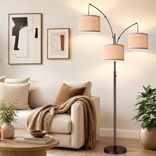 Dimmable Floor Lamp - 3 Lights Arc Floor Lamps for Living Room, 1000LM Modern Tall Standing Lamp With Beige Shades, Mid Century Tree Floor Lamp for Bedroom Office, 3 LED Bulbs Included - Brown
