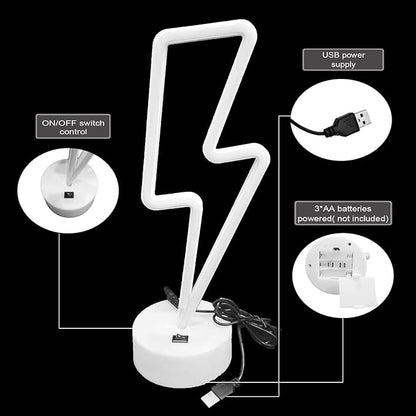 Pink Lightning Bolt Neon Sign, Aesthetic Room Decor for Bedroom, Battery/USB Operated LED Light with Base