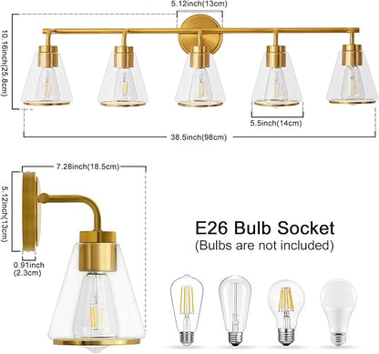 Gold Vanity Light 5 Lights 38.5" Large Vanity Lights for Bathroom, Wall Sconces Light with Clear Glass Shade, Light Fixtures for Bathroom, Living Room, Kitchen, Bedroom, E26 Base
