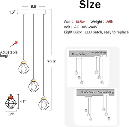 3-Lights Pendant Lights Kitchen Island Mini Chandelier,Modern Silver Pendant Light with Remote Control,Hanging Light Fixture for Dining Room Hallway