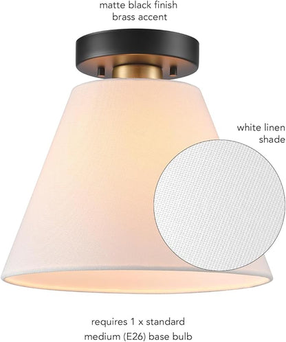 Globe Electric 1-Light Semi-Flush Mount Ceiling Light, Matte Black with Matte Brass Accent, White Linen Shade, Dimmable, E26 Base, Transitional Style, 66000137
