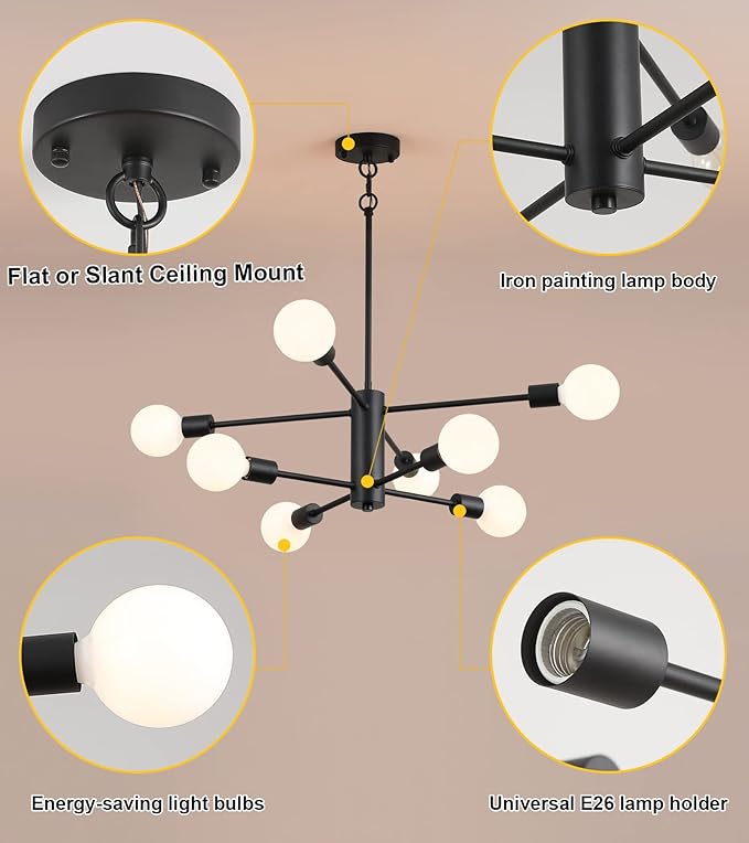 AMZASA Black Modern Sputnik Chandeliers, 8 Light Farmhouse Mid Century Pendant Light for Dining Room Living Room Kitchen Island Entryway Foyer UL Listed