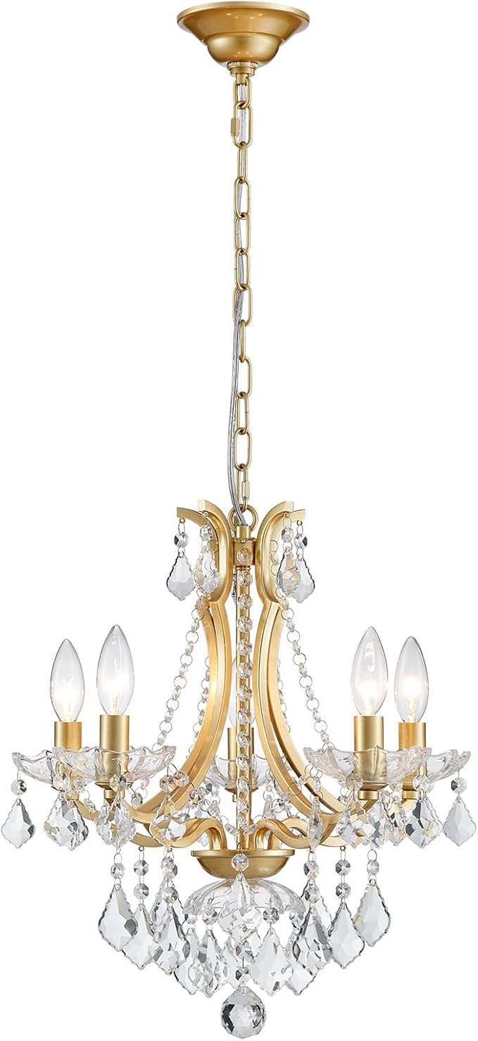 WUZUPS 5-Light Crystal Candle Chandelier Pendant Ceiling Light Modern Lighting Fixture for Bedroom Hallway Bar Kitchen Bathroom, H 19" W 16.6", E12 Base, Gold