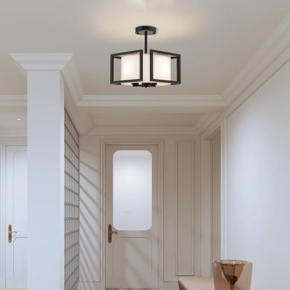 FRIDEKO HOME Flush Mount Ceiling Light Fixture - 3-Light Modern Semi Flush Mount Ceiling Light with Fabric Shade Black Metal Frame Drum Ceiling Lights for Bedroom Hallway Kitchen Living Room Entryway