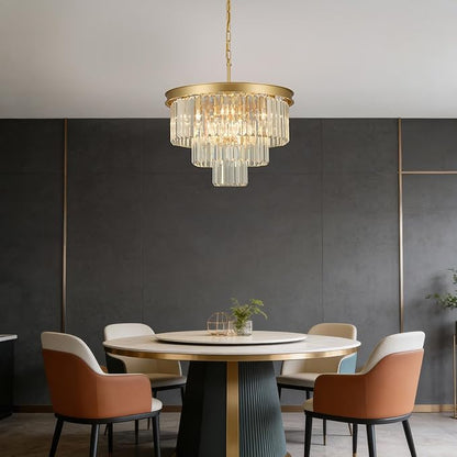 Weesalife Crystal Chandeliers for Dining Room Lights Fixtures, 9 Lights Gold Modern Chandeliers for Bedroom, 3-Tier Round Crystal Lighting Fixtures for Living Room Entryway Kitchen Island D20 Inch