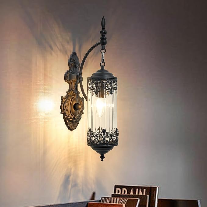 Vintage Wall Sconce with Glass Shade, Rustic Black Farmhouse Wall Light Fixture, Antique Gothic Decorative Metal Wall Lamp for Hallway, Bedroom, Living Room, Entryway, Mirror