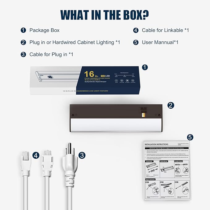 16 Inch LED Under Cabinet Light, Plug in Kitchen Lighting, 3CCT Selectable (3000K/4000K/5000K), CRI94 High Color Accuracy, Linkable, Slim Design Dimmable, Brown