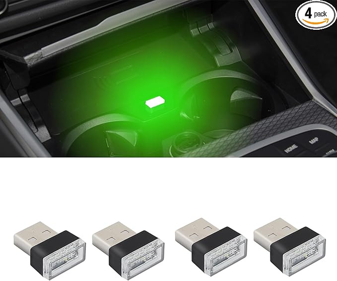 4PCS USB LED Car Interior Atmosphere Lamp, Plug-in USB Decor Night Light, Portable Auto Ambient Lighting Kit, Universal Car Interior Accessories LED Night Light for Most Cars (Green)