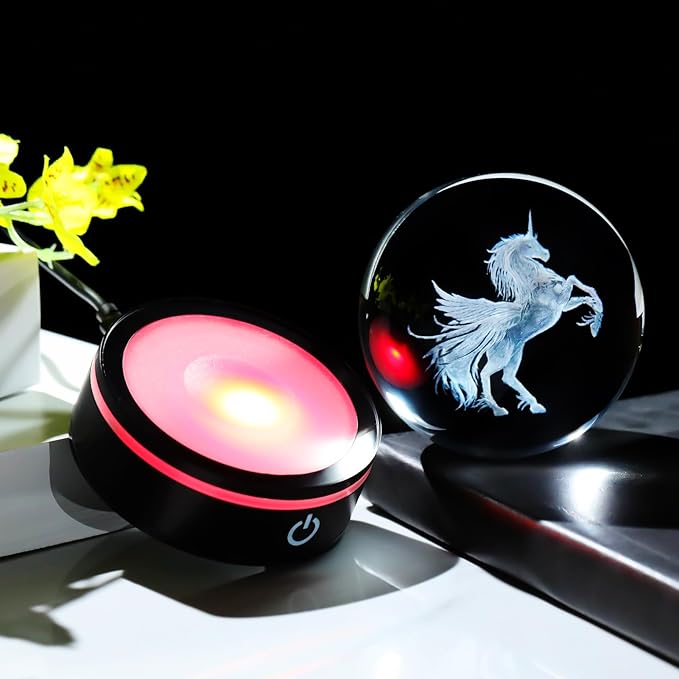 YWHL Unicorn Gifts for Women, 3D Laser Unicorn Figurines Crystal Ball Decor with Colorful Light Base, Gifts for Birthday Christmas, Glass Animals Statue for Home Decorations(80mm)