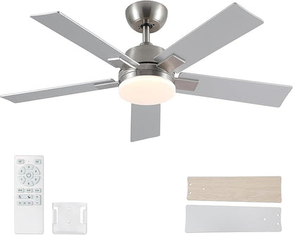 Rayqueen 42 Inch Ceiling Fans with Lights and Remote, 6 Speed Reversible DC Motor, 3CCT Dimmable LED, Modern Brushed Nickel Ceiling Fan for Bedroom, Living room & Covered Outdoor,Includes Downrod