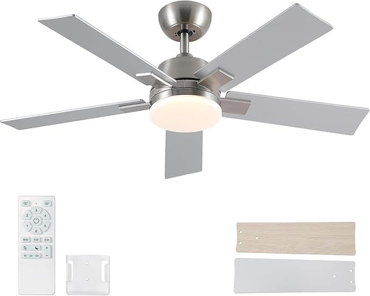 Rayqueen 42 Inch Ceiling Fans with Lights and Remote, 6 Speed Reversible DC Motor, 3CCT Dimmable LED, Modern Brushed Nickel Ceiling Fan for Bedroom, Living room & Covered Outdoor,Includes Downrod