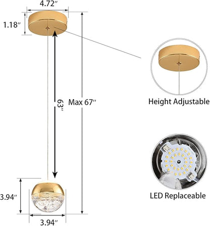 JoollySun Modern Crystal Pendant Light: Gold Mini Globe Ceiling Hanging Lights for Kitchen Island Bathroom
