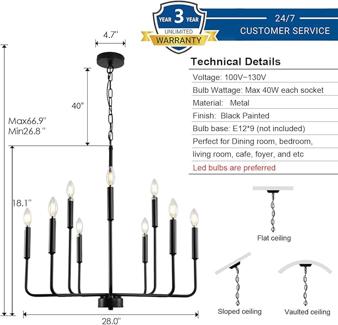 Black Chandeliers for Dining Room Light Fixture Over Table, Modern Farmhouse Chandeliers for Living Room,9-Lights Industrial Metal Candle Lighting Fixtures for Entryway Kitchen Island Foyer