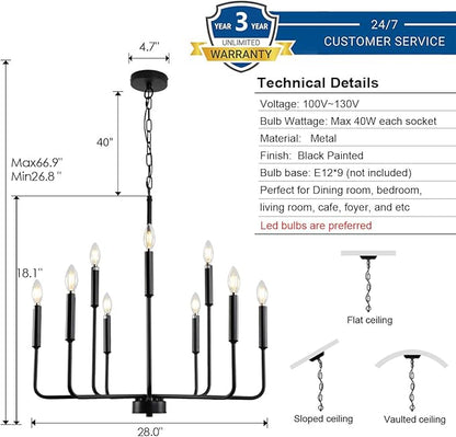 Black Chandeliers for Dining Room Light Fixture Over Table, Modern Farmhouse Chandeliers for Living Room,9-Lights Industrial Metal Candle Lighting Fixtures for Entryway Kitchen Island Foyer