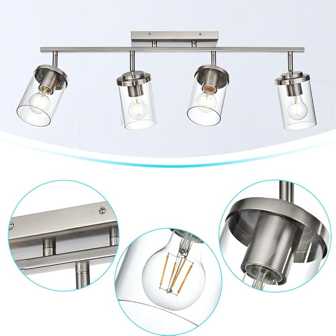 BONLICHT Modern Track Lighting Fixtures Ceiling 4 Light Adjustable Indoor Spotlight Brushed Nickel Farmhouse Bath Vanity Light Wall Mount Lamp with Clear Glass Shade