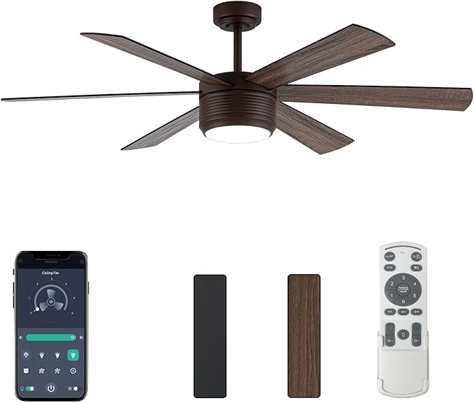 SHOWDI Ceiling Fan with Lights and Remote, 6 Blade App Control Timer Reversible Stepless Brightness and Color Temperature Outdoor Wood Ceiling Fan with Lights (Brown, 56 Inch)