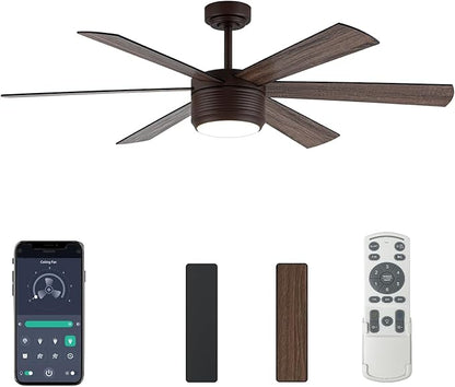 SHOWDI Ceiling Fan with Lights and Remote, 6 Blade App Control Timer Reversible Stepless Brightness and Color Temperature Outdoor Wood Ceiling Fan with Lights (Brown, 56 Inch)