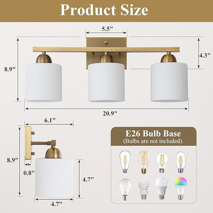 Mecgirn Milk Glass Vanity Lights for Bathroom, 3 Light Brass Bathroom Light Fixtures Over Mirror, Ceramic E26 Sockets Wall Mounted