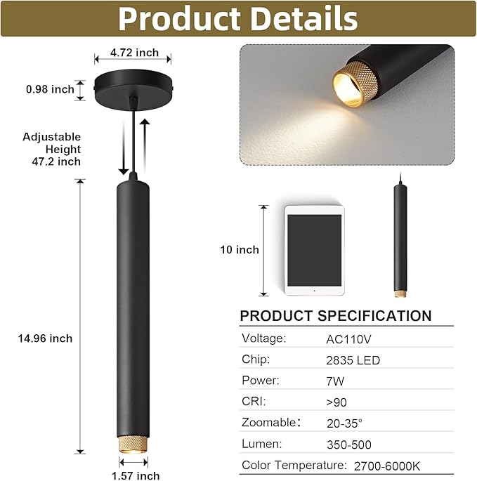 OKELI Modern Black LED Pendant Light for Kitchen Island, 3 Pack – Dimmable Zoomable Pendant, Adjustable Beam Angle, 3 Color Temps 2700K/4000K/6000K, Mini Hanging Light for Bar or Bedroom, 7W 15"