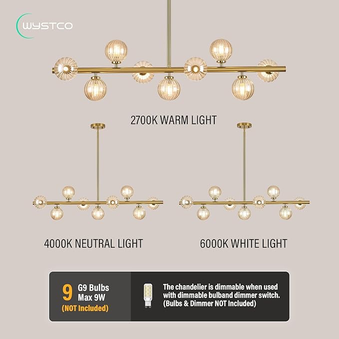 Mid Century Modern Glass Globe Sputnik Chandelier, 9-Light Linear Chandeliers for Dining Room, Kitchen Island, Living, Dining Light Fixture Over Table, Brass Gold and Amber Bubble, 40 Inch