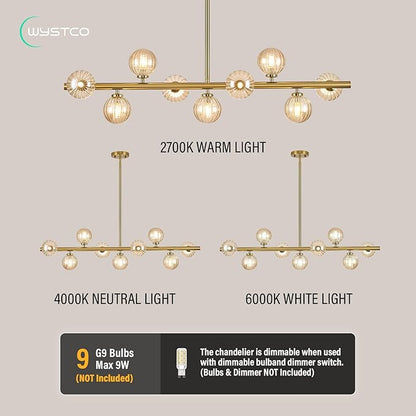 Mid Century Modern Glass Globe Sputnik Chandelier, 9-Light Linear Chandeliers for Dining Room, Kitchen Island, Living, Dining Light Fixture Over Table, Brass Gold and Amber Bubble, 40 Inch