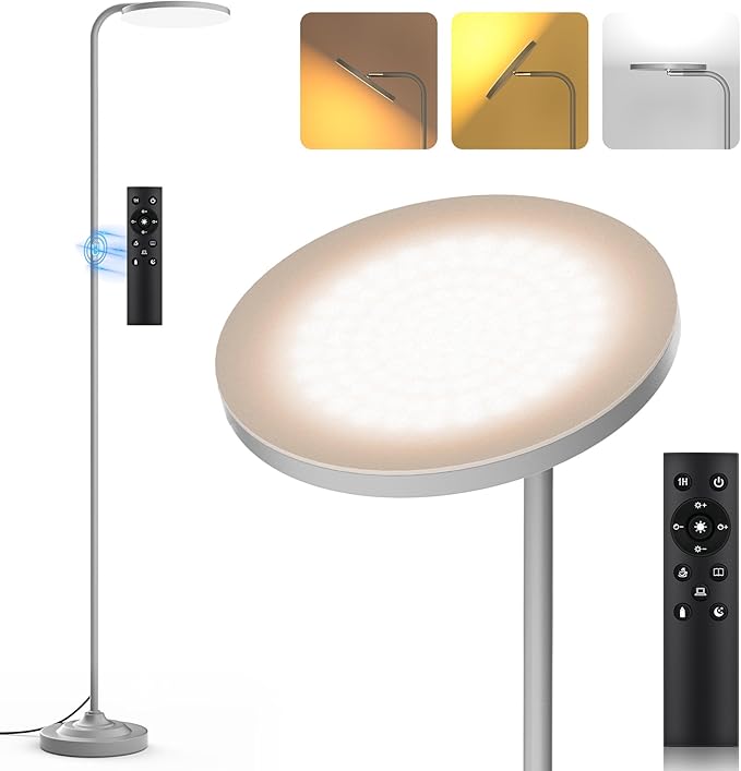 SIBRILLE 36W LED Floor Lamp, Super Bright Standing Lamp, Modern Stepless Dimmable Torchiere Tall Lamp with Remote Control, 350°Rotating Head Reading Floor Lamp for Living Room, Bedroom, Office