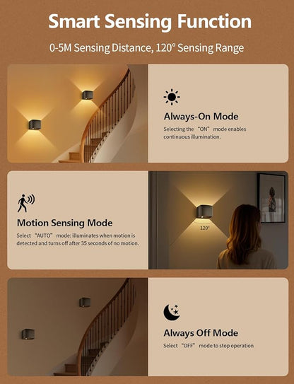 Motion Sensor Wall Light with Remote Control, 5000mAh Rechargeable Battery Powered Wall Lamps, Dimmable 2700-6500K, Adjustable Beam Angle, Black Up and Down Wireless Wall Sconce for Bedroom, 2-Pack