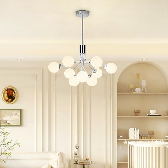 Depuley Glass Ball Sputnik Chandelier: 9-Light Modern Mid Century Chrome Chandelier Dining Room - 23.6" Globe Chandelier Light Fixture Height Adjustable Kitchen Over Table (Included G9 Bulbs)