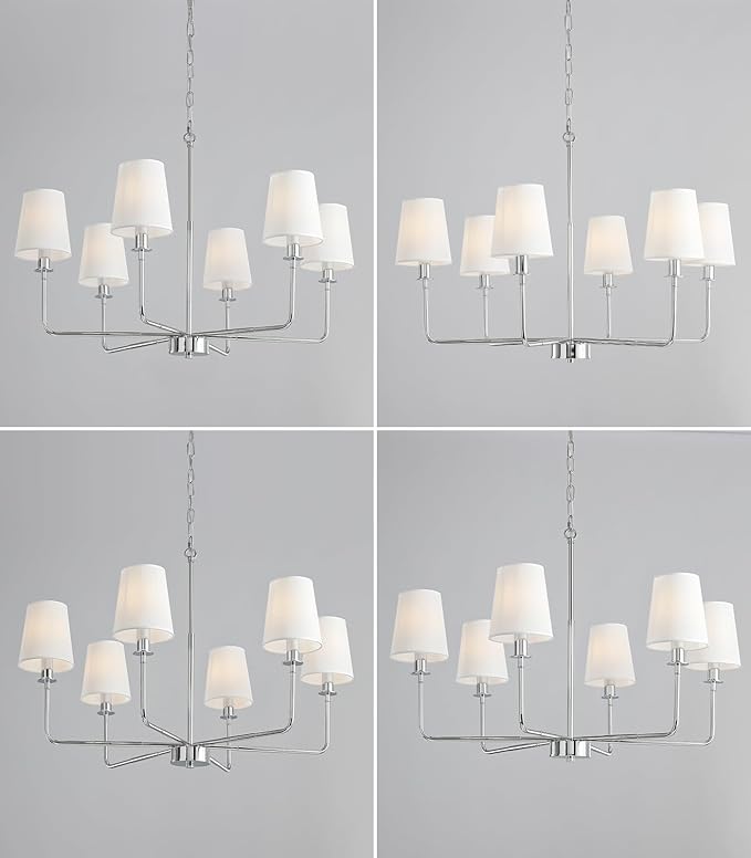 6-Light Chrome Farmhouse Chandelier with Linen Shades, E12 Base Industrial Ceiling Light Fixture, Adjustable Chain for Sloped Ceilings, Kitchen Island & Dining Room Fixture