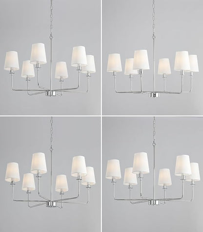 6-Light Chrome Farmhouse Chandelier with Linen Shades, E12 Base Industrial Ceiling Light Fixture, Adjustable Chain for Sloped Ceilings, Kitchen Island & Dining Room Fixture