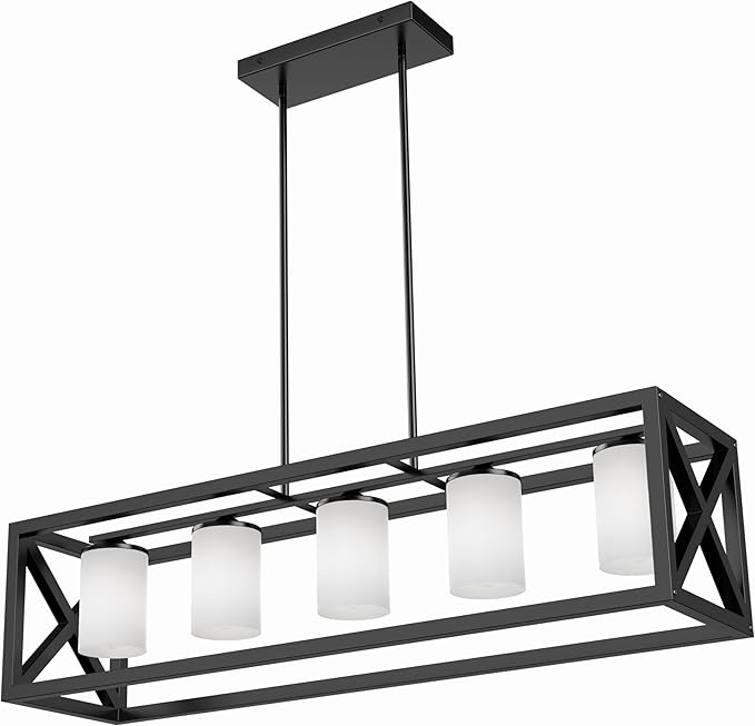 Black White Dining Room Light Fixture - 5 Light Rectangle Light Fixtures with Milk White Glass Shade & Adjustable Height & Thickened Metal Dining Table Lights Fixture Chandeliers for DiningRoom