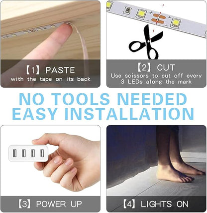 LED Light Strip Motion Sensor, USB Powered, Waterproof Rope Lights 6000K, Day and Night Modes Dimming, Indoor/Outdoor Use, Adhesive Tape 16.4ft