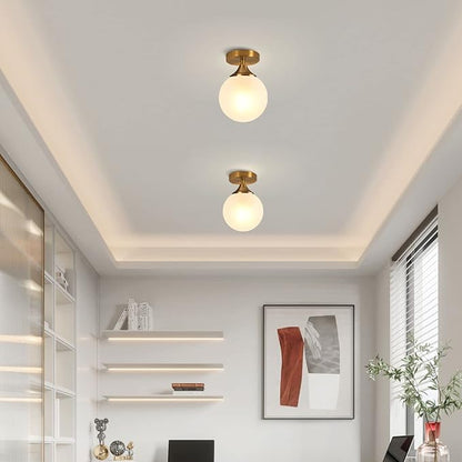 KCO Lighting Small Milk Glass Globe Semi Flush Mount Ceiling Light Mid Century Modern Gold Ceiling Light Fixtures Brass Hallway Light for Hallway Entryway Bedroom