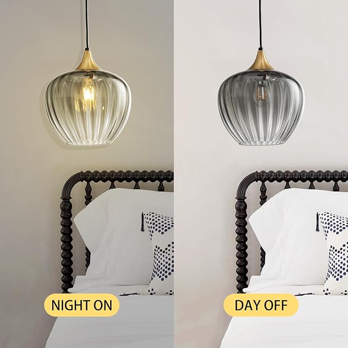 Glass Lampshade Pendant Light Kitchen Island, 9" Vintage Hanging Lamp Ceiling Lighting Fixture, Brushed Gold Modern Chandelier for Dining Room Restaurant Foyer Entryway (Smoke Grey)