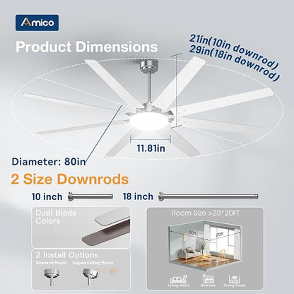 Amico 80 inch Ceiling Fans with Lights,Large Ceiling Fan with Lights and Remote Control, Dimmable, 6 Speed Reversible Quiet DC Motor, Nickel Modern Ceiling fan For Living Room, Bedroom, Kitchen, Patio