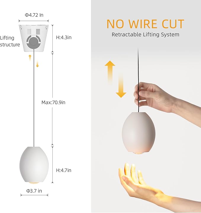Aisilan Modern Dimmable Pendant Light, 7W LED Adjustable Hanging Light for Kitchen Island, Bedroom, Dining Room, Bar, 3000K, CRI 97+, Matte White, Triac Dimmable with Pulley Lifting System