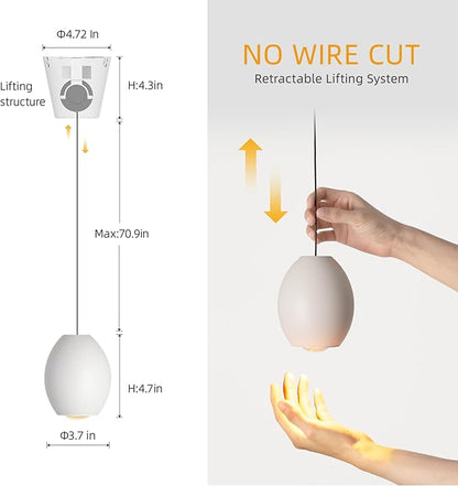Aisilan Modern Dimmable Pendant Light, 7W LED Adjustable Hanging Light for Kitchen Island, Bedroom, Dining Room, Bar, 3000K, CRI 97+, Matte White, Triac Dimmable with Pulley Lifting System