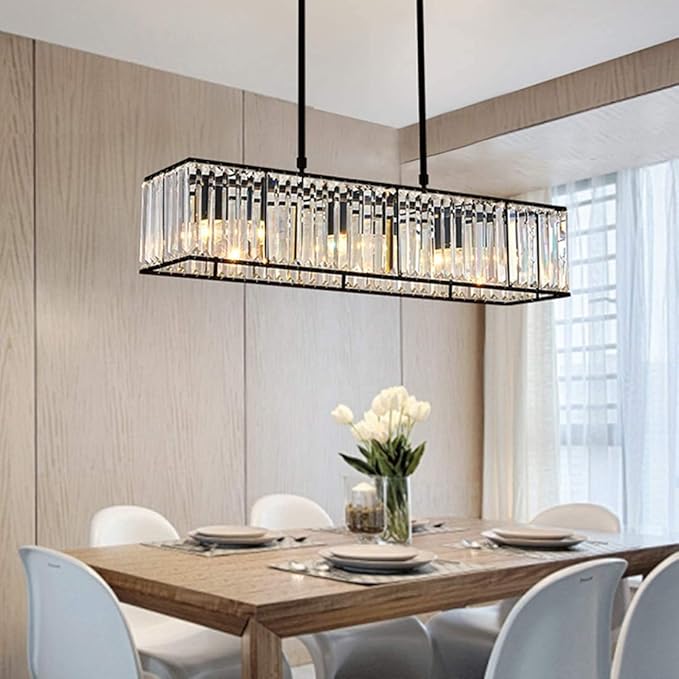 Siljoy Modern Rectangular Crystal Chandelier, 5 Lights Black Rectangle Raindrop Chandelier Lighting, Industrial Linear Pendant Ceiling Light Fixture for Dining Living Room Kitchen Island L33.5''