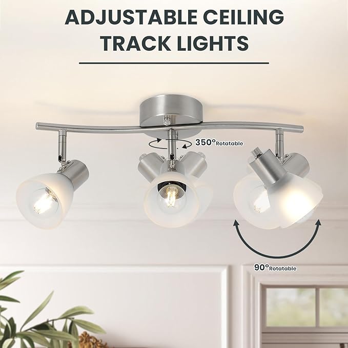 3-Light Nickel-Finish Track Lighting Fixture with Adjustable Directional Heads and Frosted Glass Shades – Ideal for Kitchen, Hallway, Living Room & Bathroom Vanity Lighting (Bulbs Not Included)