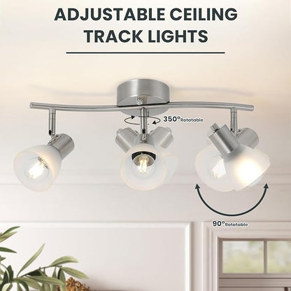 3-Light Nickel-Finish Track Lighting Fixture with Adjustable Directional Heads and Frosted Glass Shades – Ideal for Kitchen, Hallway, Living Room & Bathroom Vanity Lighting (Bulbs Not Included)