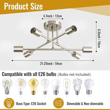 Nickle Modern Sputnik Chandelier Ceiling Light Fixture,6-Light Dining Room Light Fixture,Industrial Metal Kitchen Lighting Fixtures Ceiling,Angle Adjustable Semi Flush Mount Ceiling Light for Bedroom