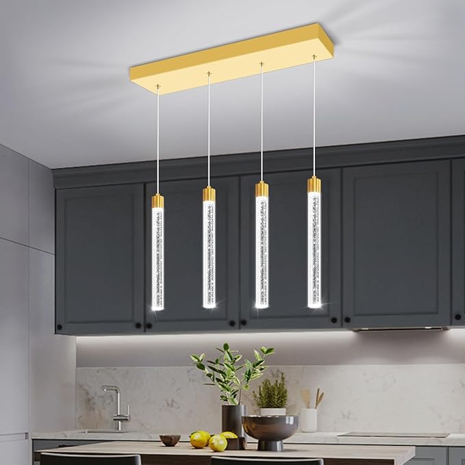 Modern Crystal Column Chandelier for Living Room Dining Room 4-Lights Gold Dimmable LED Adjustable Height Hanging Pendant Light for Kitchen Island,Bedroom,Over Table,