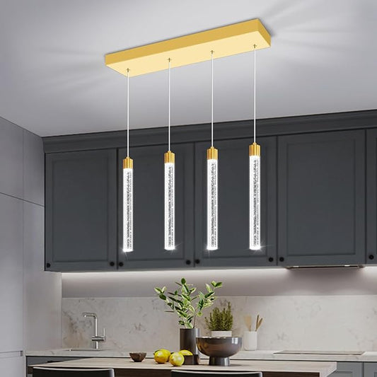 Modern Crystal Column Chandelier for Living Room Dining Room 4-Lights Gold Dimmable LED Adjustable Height Hanging Pendant Light for Kitchen Island,Bedroom,Over Table,