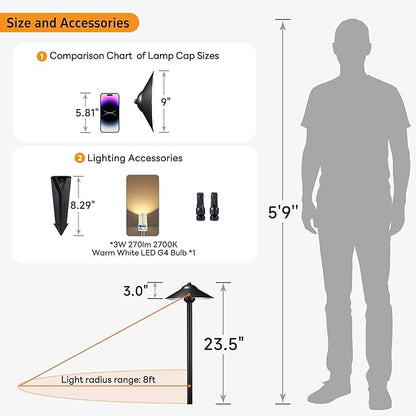 Gardenreet Solid Brass Landscape Path Lights (9" Shade, 23.5" Tall) - Low Voltage Pathway Light Wired, 12v IP65 Outdoor Area Lighting, LED Black for Garden Yard Driveway with 3W 2700K G4 Bulb (4 Pack)