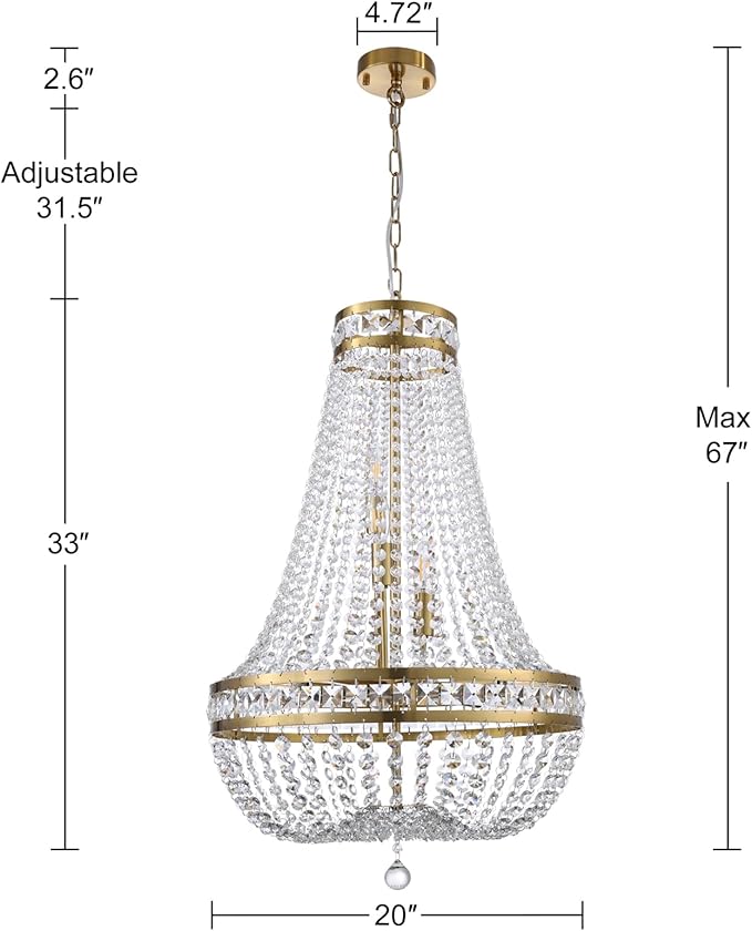 Wellmet Crystal Chandelier Light, 8 Lights French Empire Chandeliers Lighting Ceiling Fixture Hanging Pendant for Dining Living Room Foyer Kitchen Bedroom Entryway, 20''W (Brass, 20)