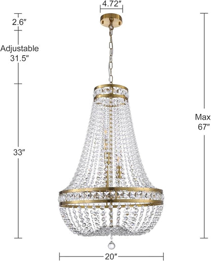Wellmet Crystal Chandelier Light, 8 Lights French Empire Chandeliers Lighting Ceiling Fixture Hanging Pendant for Dining Living Room Foyer Kitchen Bedroom Entryway, 20''W (Brass, 20)