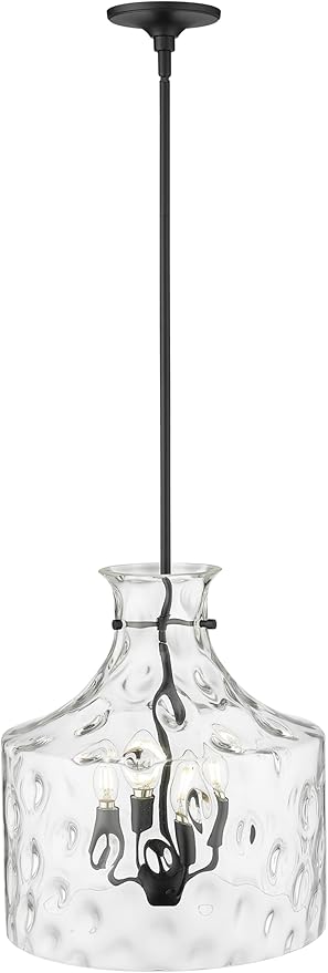 ML Lighting | Santorini Collection | 22604-MB | Indoor 4 Light Metal Pendant in Matte Black with Water Glass Shade | Kitchens, Dining Rooms, Living Rooms, Entryways, Hallways