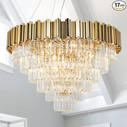 Gold Crystal Chandelier Large, 17-Light Luxury Chandelier Lighting Fixture for High Ceiling Foyer Entryway Living Room D35.4